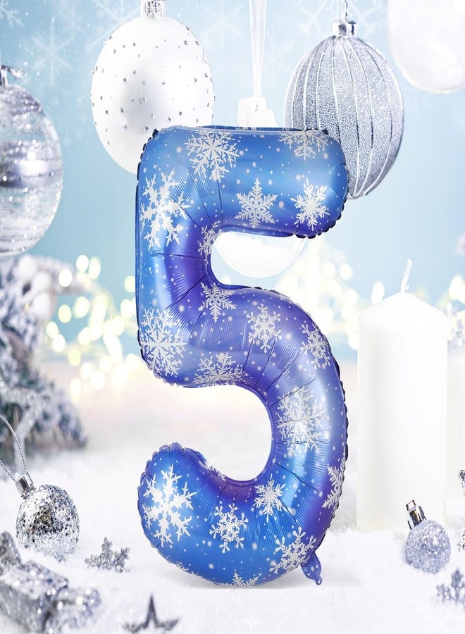 Lunmon 40 Inch Blue Snowflake Balloon Number Birthday Balloons Decorations for Girls Birthday Snowflake Themed Party Supplies Winter Party Decorations(Number 5) - Image 4